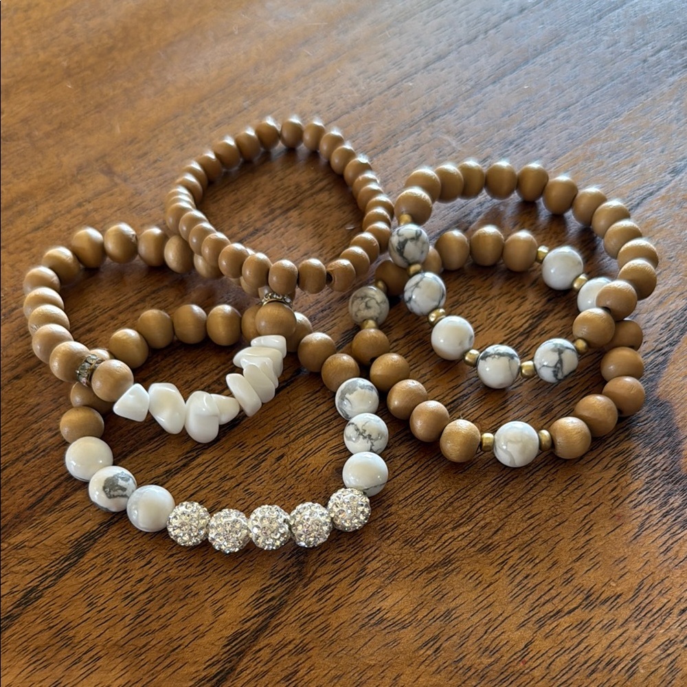 Elegant Wooden and Stone Beaded Bracelet Set